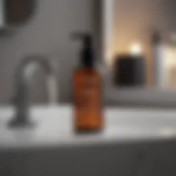 A serene bathroom setting with skincare products displayed