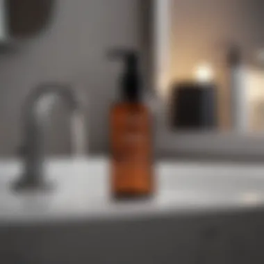 A serene bathroom setting with skincare products displayed