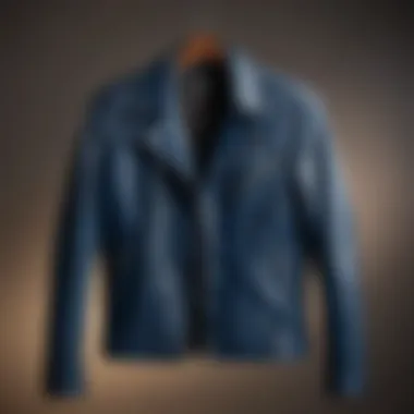 Artistic view of the AllSaints blue leather jacket displayed on a hanger, highlighting its design.