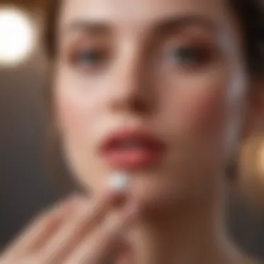 A serene image of a person applying lip balm in a natural setting.