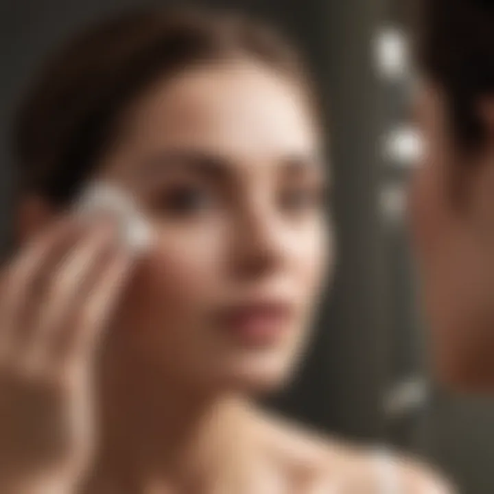 Woman applying facial cream to her face in a mirror