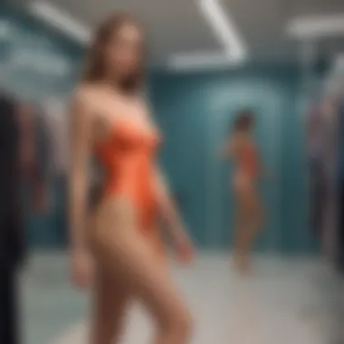 A woman trying on a swimsuit in a fitting room