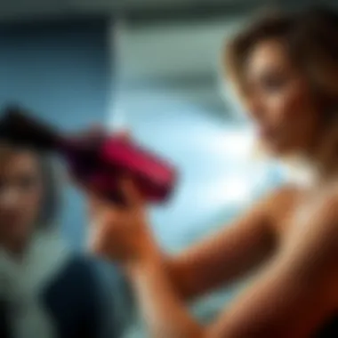 User demonstrating effective use of a round brush hair dryer