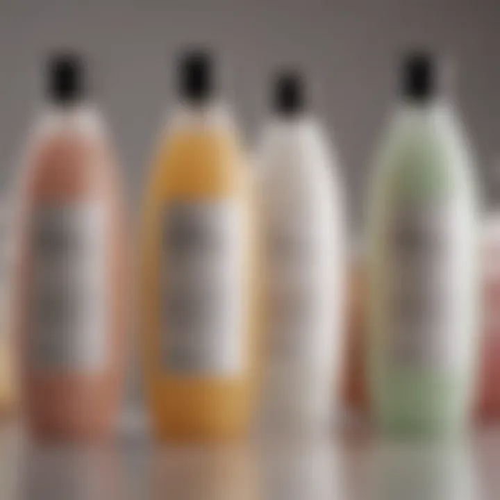 Close-up of various shampoo and conditioner bottles with ingredient labels