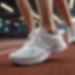Elegant white running shoes on a vibrant track.