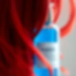 Blue shampoo bottle with vibrant red hair in the background