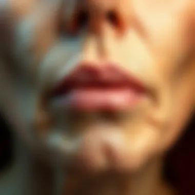 Close-up of skin texture showing deep wrinkles and large pores