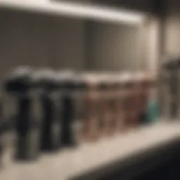 Different types of blow dryers arranged on a vanity