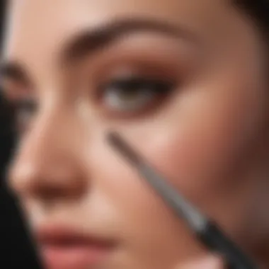 Close-up of a brow gel applicator with product on the brush, highlighting its texture.