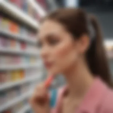 A shopper examining makeup erasers on display at Costco.