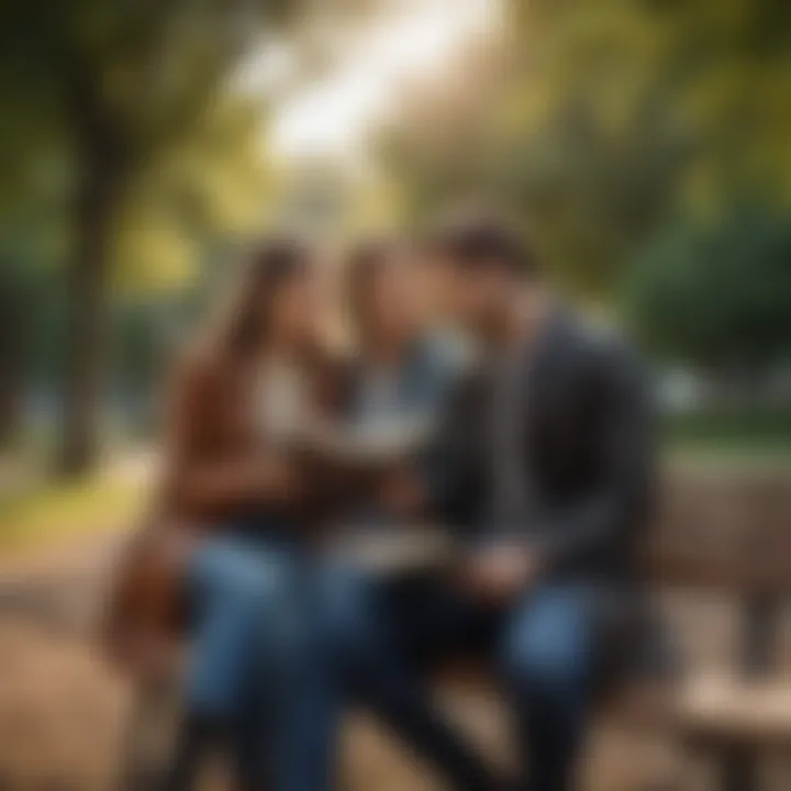 A couple sitting together reading on a park bench