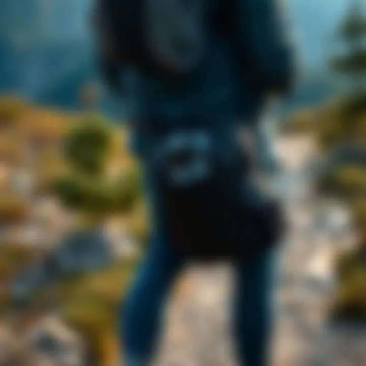 A crossbody travel bag showcased on a scenic mountain trail