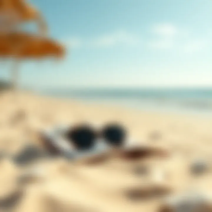 A serene beach with a book and sunglasses on the sand