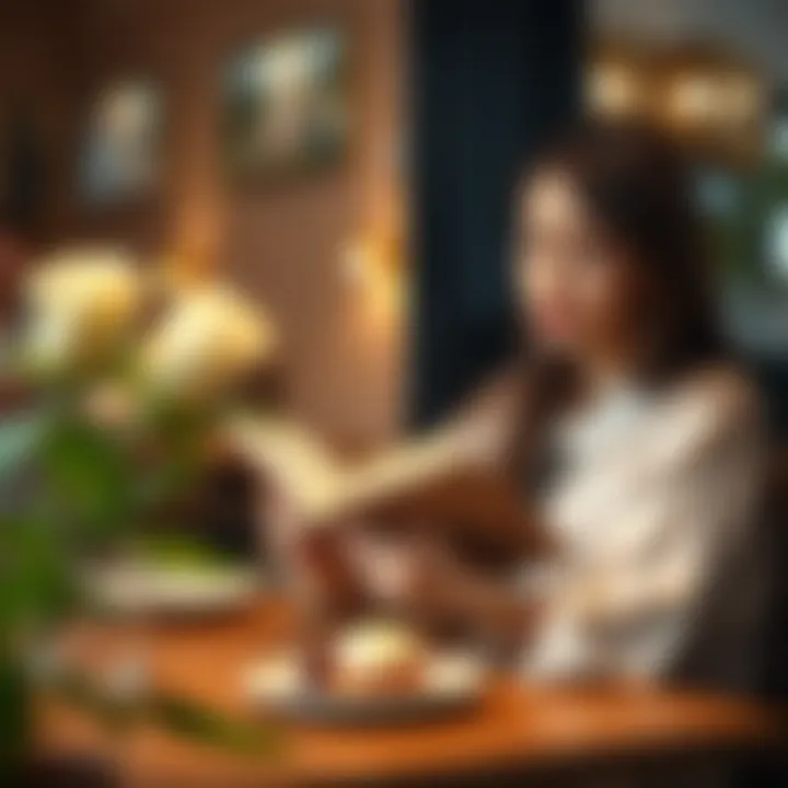 A stylish cafe with a woman enjoying a book and a pastry