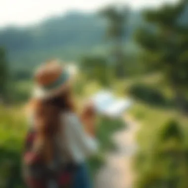 A picturesque nature trail with a traveler reading a book