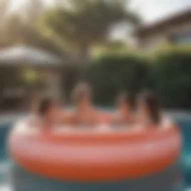 Group of friends enjoying a refreshing time in a cute inflatable pool