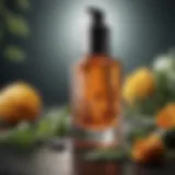 A close-up of a radiant serum bottle surrounded by fresh botanical ingredients