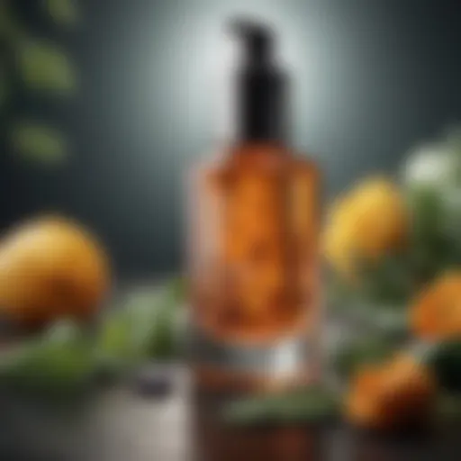 A close-up of a radiant serum bottle surrounded by fresh botanical ingredients