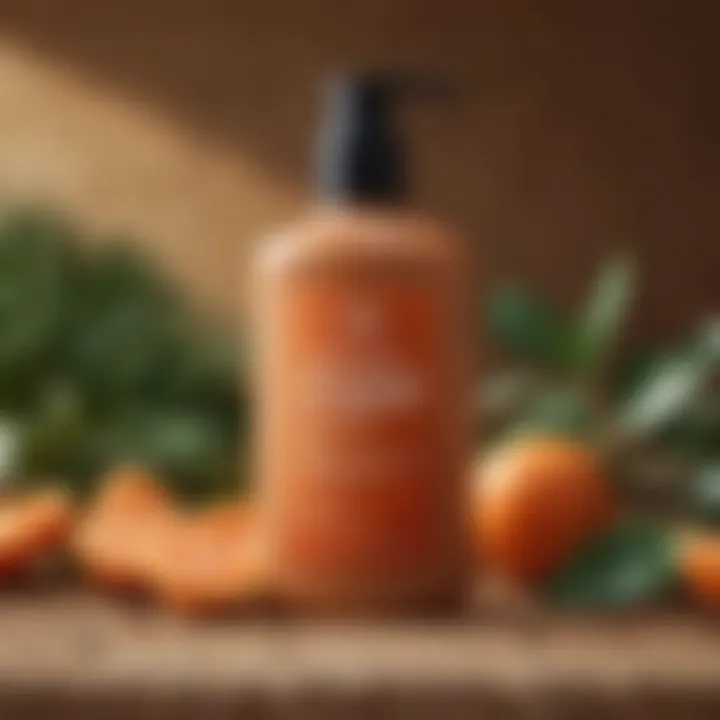 An eco-friendly self-tanner bottle displayed alongside natural ingredients