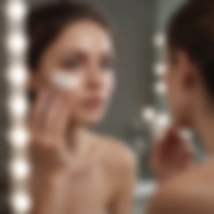 An illustration depicting a person applying skincare products in front of a mirror.