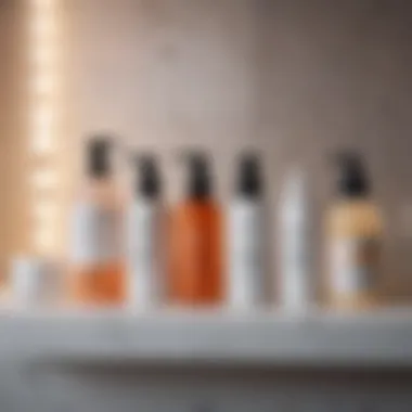 A close-up of skincare products arranged aesthetically on a bathroom shelf.