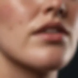 Close-up view of blackheads on chin skin