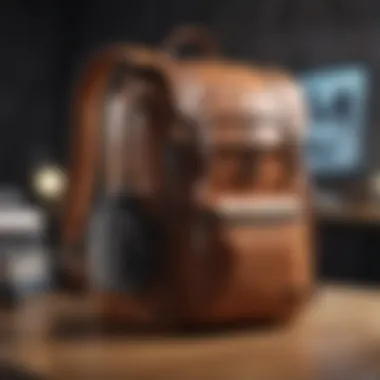 Ergonomic Stylish Backpack An ergonomic design of a stylish backpack with organizational compartments showcased on a desk.