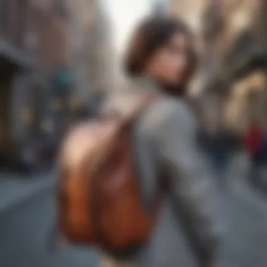 Modern Professional with Backpack A modern professional holding a sophisticated backpack while walking through a cityscape.