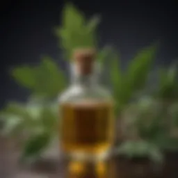 Close-up of castor oil in a glass bottle with leaves