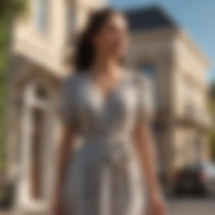 A fashionable woman showcasing a modest summer dress in a sunny outdoor setting.