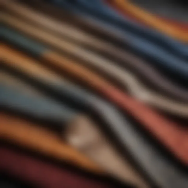 A close-up of fabric swatches showcasing various textures and colors suitable for bell bottom pants