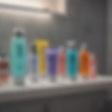 An array of clear shaving gels on a bathroom shelf