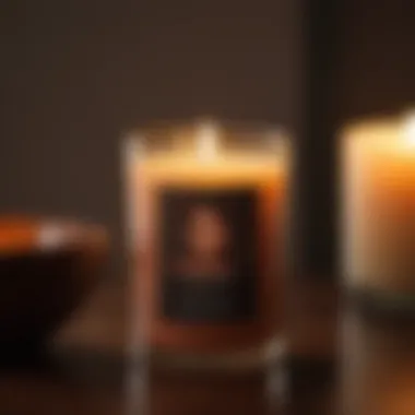 Close-up of a candle burning with a warm glow and distinct label of a black-owned brand.