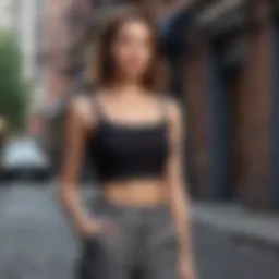 Stylish woman showcasing a chic crop top outfit in a modern urban setting