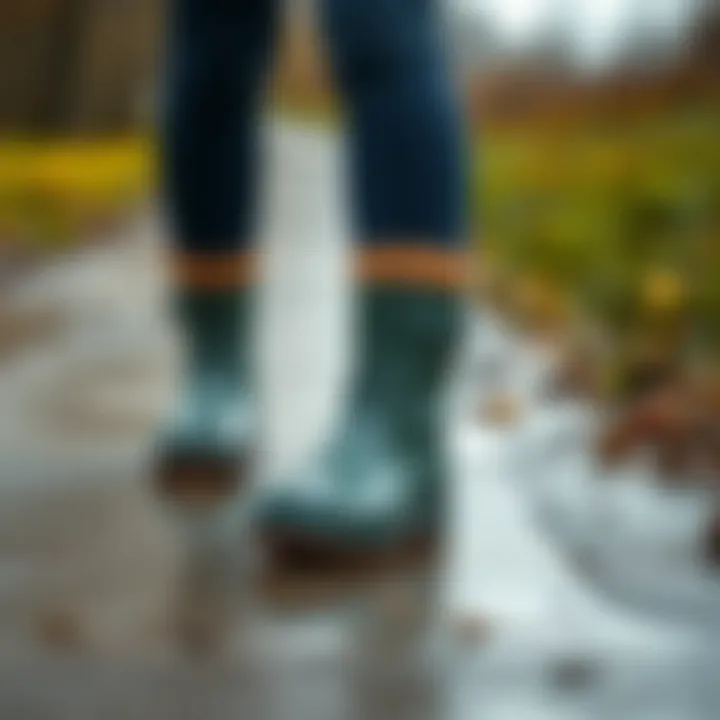 Walking on Wet Paths Person walking confidently in comfortable rain boots on a wet path