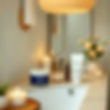 A serene bathroom setting with firming cream and wellness items