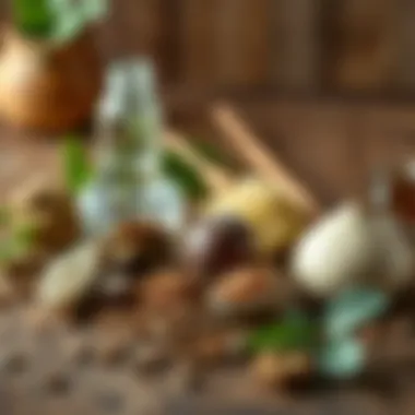 Ingredients displayed on a wooden surface including botanical extracts
