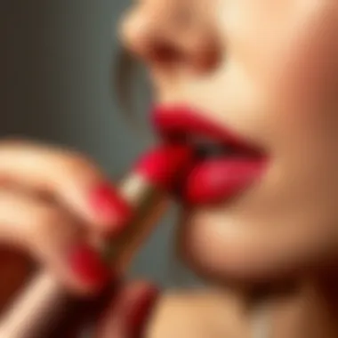 Rich Texture Application Close-up of a model applying lipstick, showcasing the rich texture and color payoff