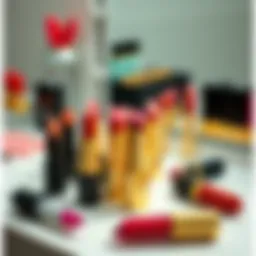 A vibrant array of lipstick shades arranged artistically on a vanity table