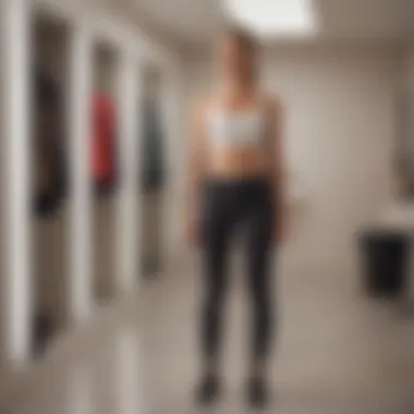 A customer trying on Lululemon leggings in a fitting room.