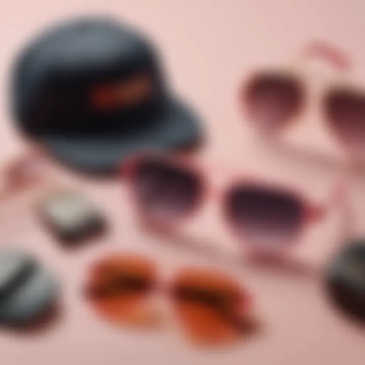 A collection of accessories including snapback caps and oversized sunglasses, representing the playful side of 90s fashion.