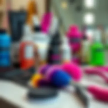 Styling Tools and Products Colorful hair dye and styling tools laid out on a counter