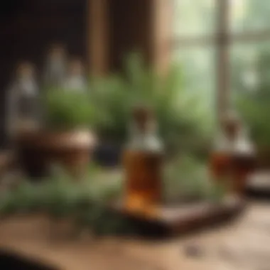 Herbs and Essential Oils Herbs and essential oils arranged on a wooden table