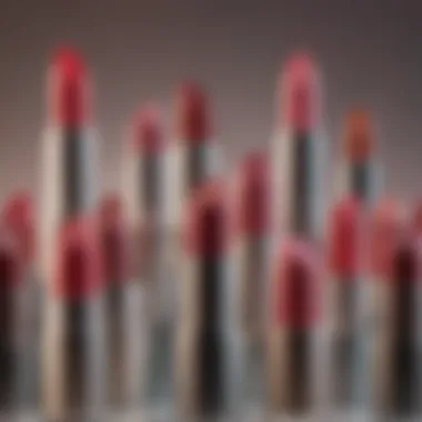 An artistic display of Rare Beauty lipsticks emphasizing sustainability packaging.