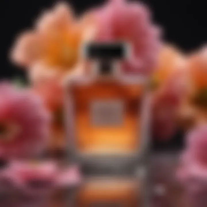 An elegant close-up of a fragrance bottle with floral notes reflected in the background.