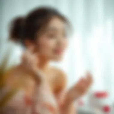 A model applying K-beauty skincare routine in a serene environment