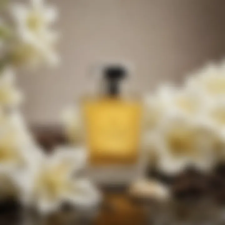 An elegant bottle of a luxurious vanilla perfume surrounded by vanilla pods and flowers.