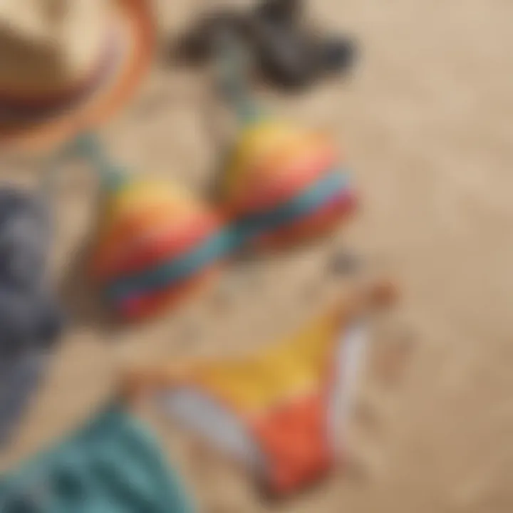 Colorful beachwear layout on a sandy background