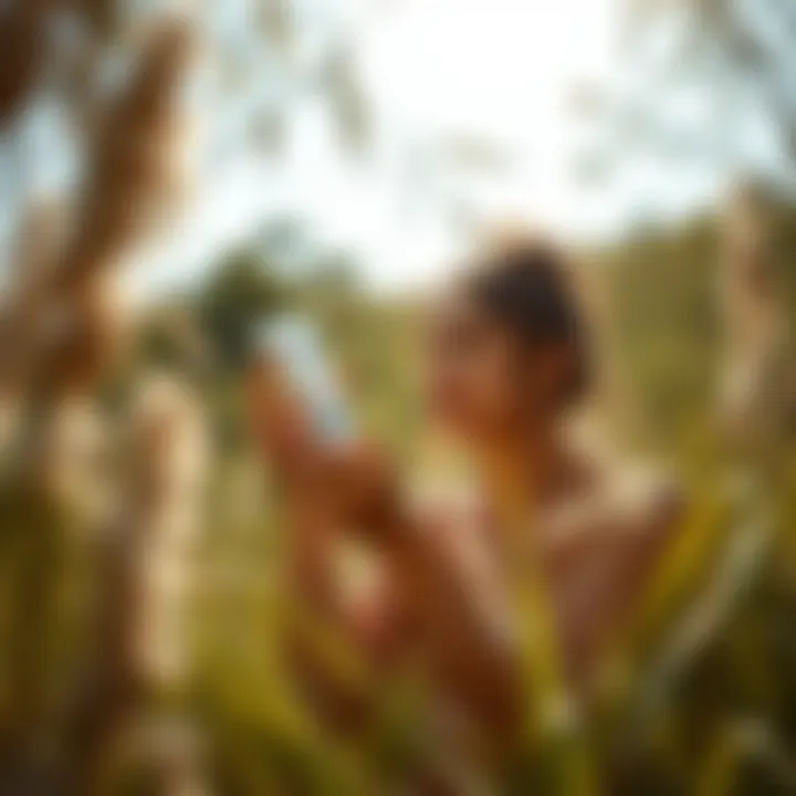 Applying Sunscreen in Nature A serene outdoor setting illustrating the application of Supergoop sunscreen amidst nature