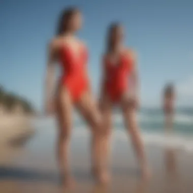 Stylish beachgoers wearing red high cut swimwear